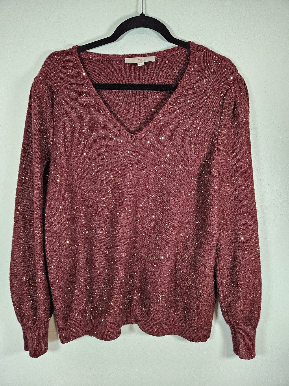 LOFT Women's Sparkle V-Neck Sweater - Burgundy